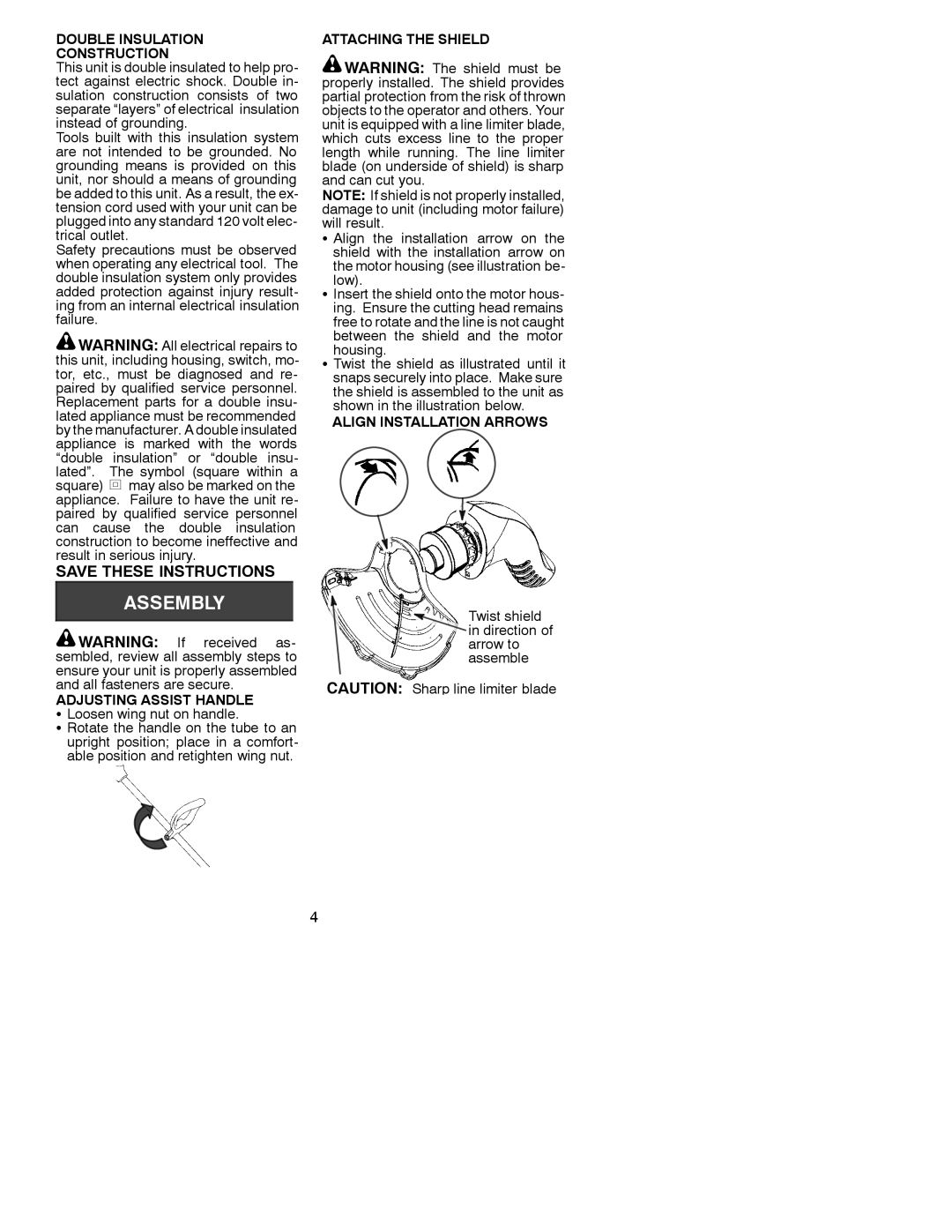 Weed Eater RT10 Double Insulation Construction, Adjusting Assist Handle, Attaching the Shield, Align Installation Arrows 