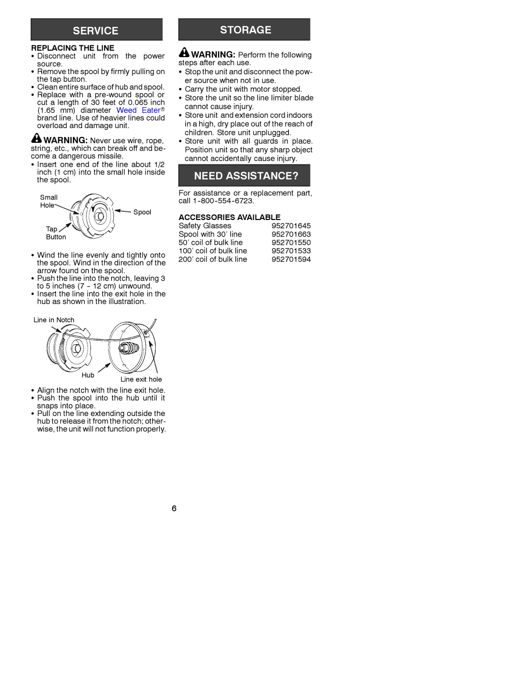 Weed Eater RT10, 530086306 manual Replacing the Line, Accessories Available 