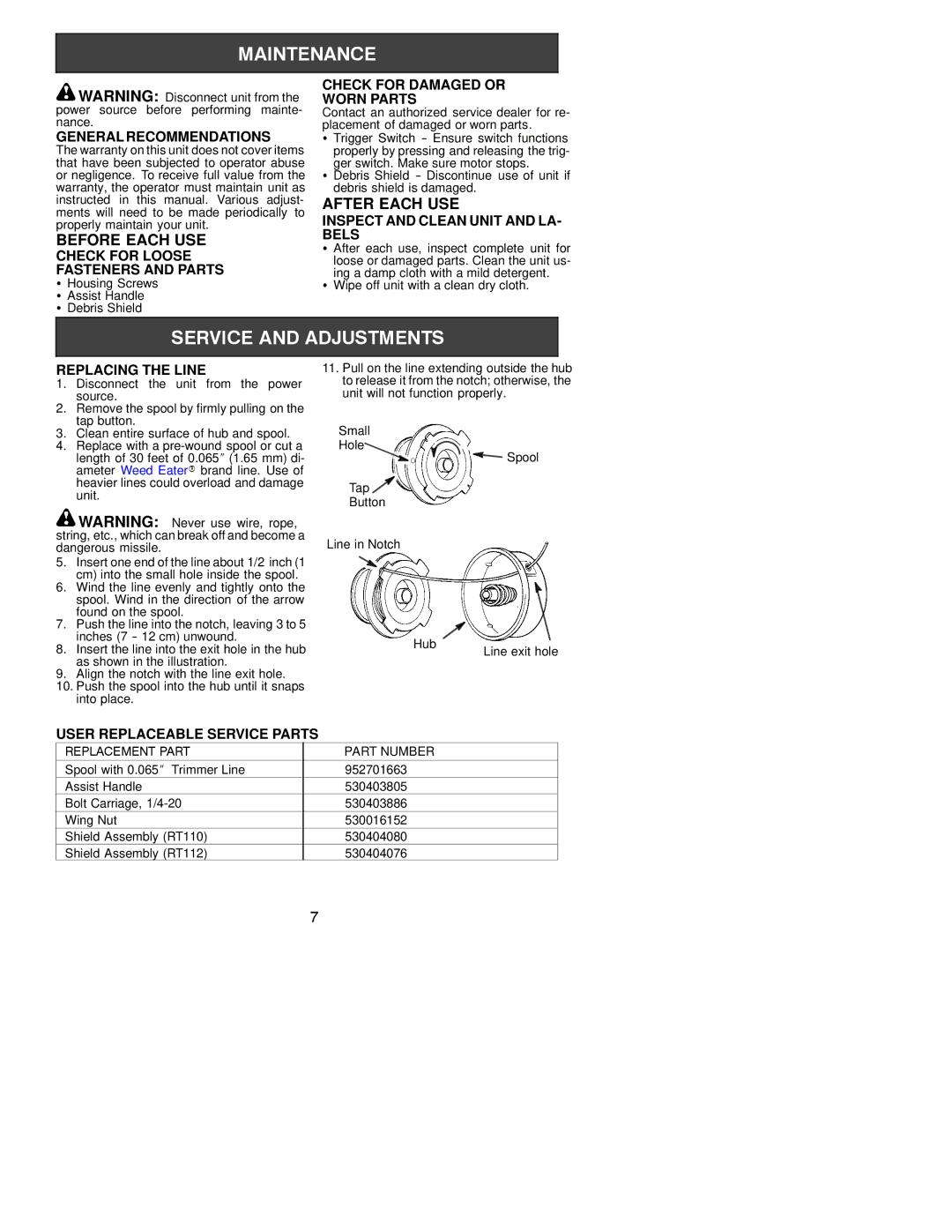 Weed Eater RT110, RT112 instruction manual Before Each USE, After Each USE 