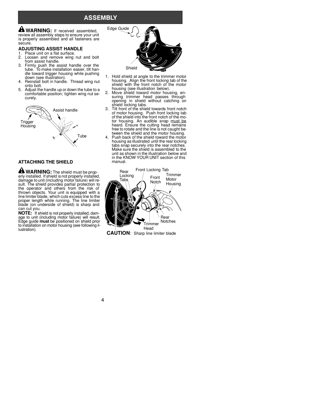 Weed Eater RTE114, RTE113, 530086743 instruction manual Adjusting Assist Handle, Attaching the Shield 