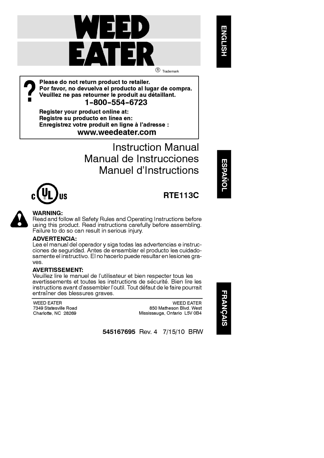 Weed Eater 545167695, RTE113C, 952711942 instruction manual Advertencia, Avertissement 