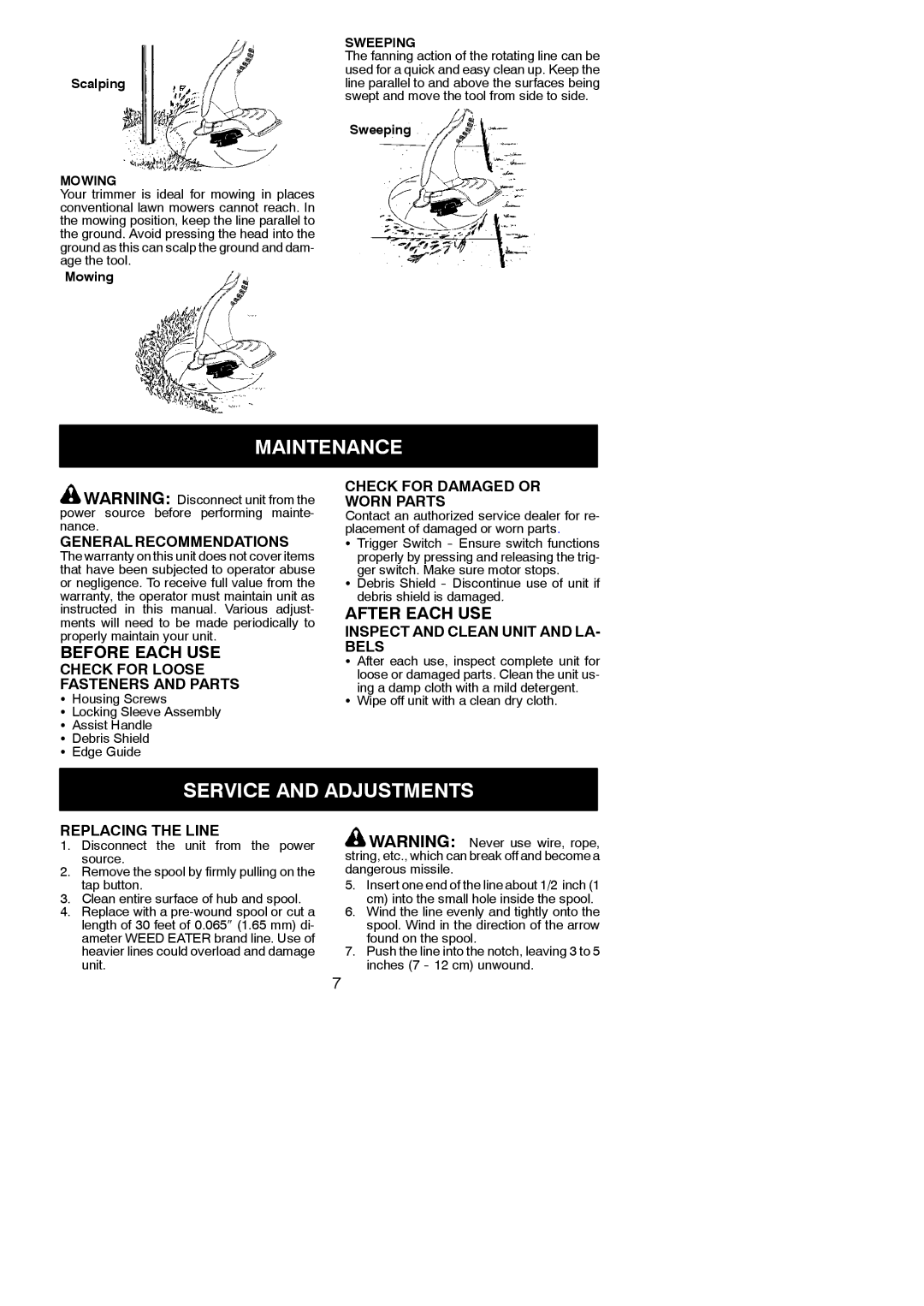 Weed Eater 545167695, RTE113C, 952711942 Maintenance, Service and Adjustments, Before Each USE, After Each USE 