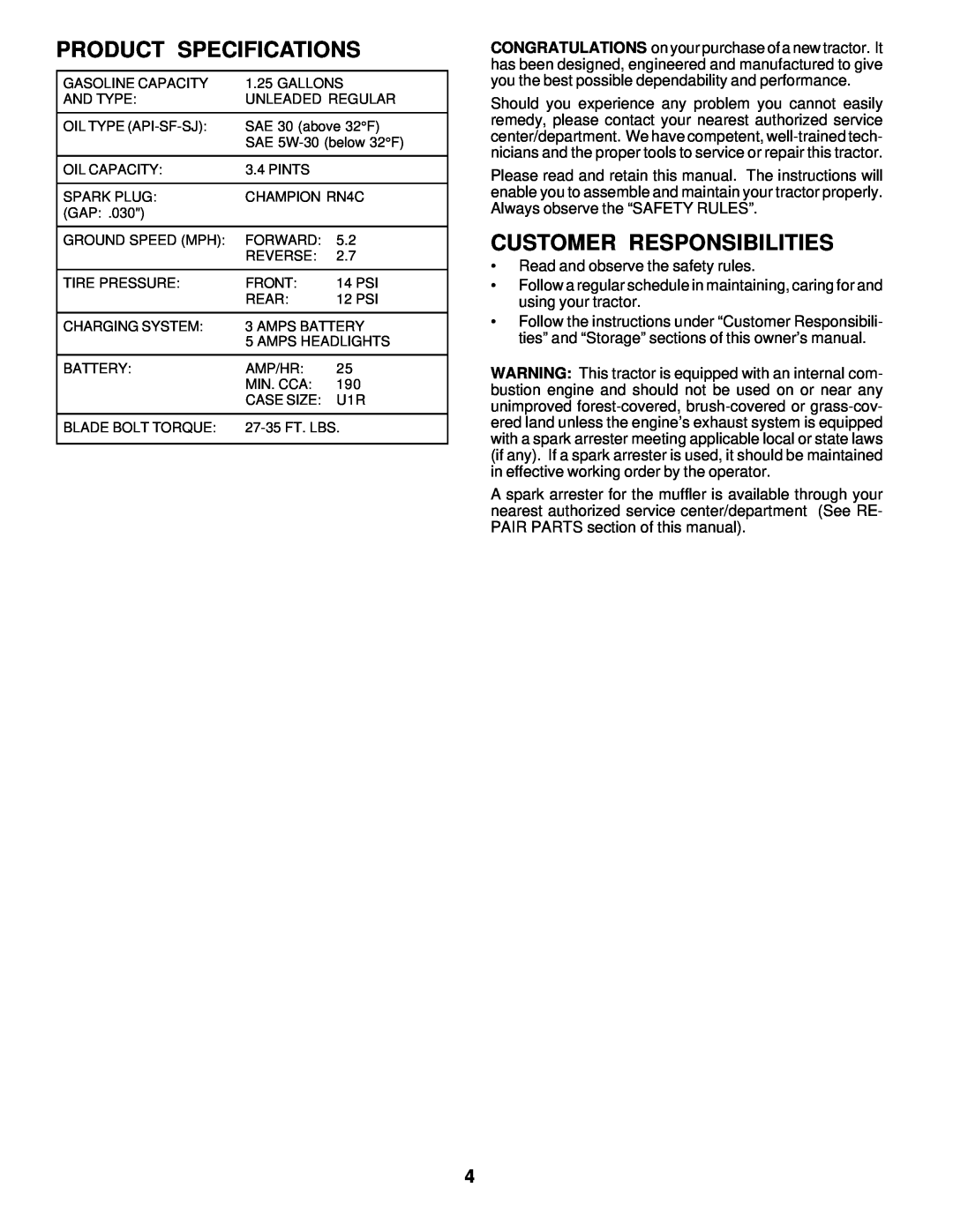Weed Eater S165H42A owner manual Product Specifications, Customer Responsibilities 