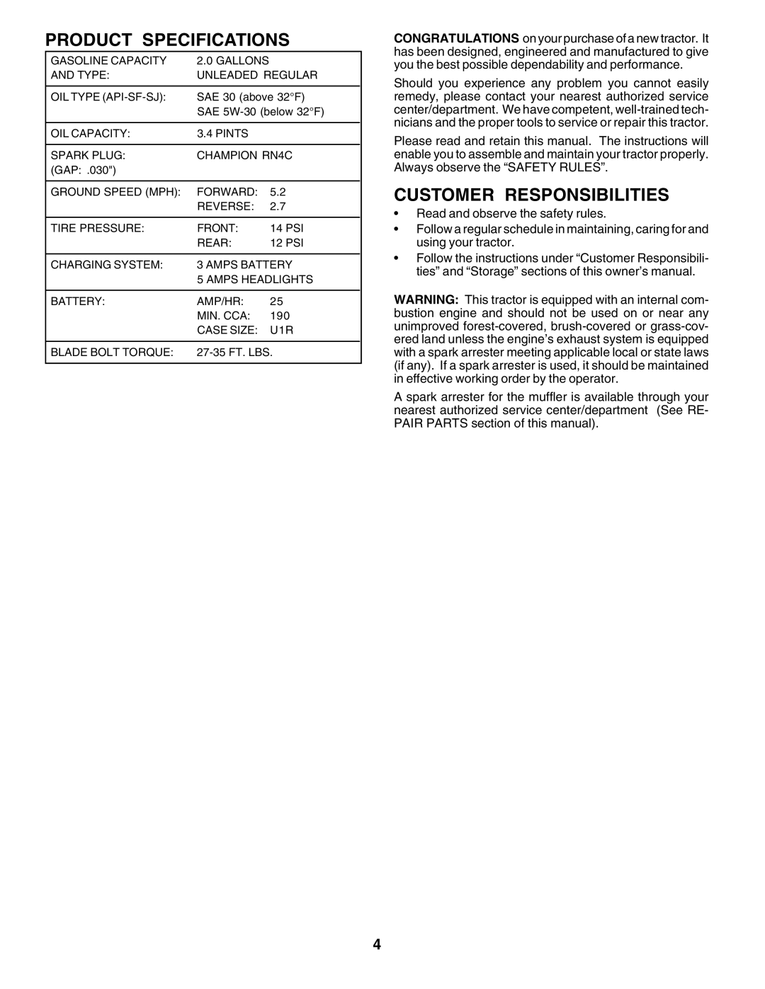 Weed Eater S165H42C owner manual Product Specifications, Customer Responsibilities 