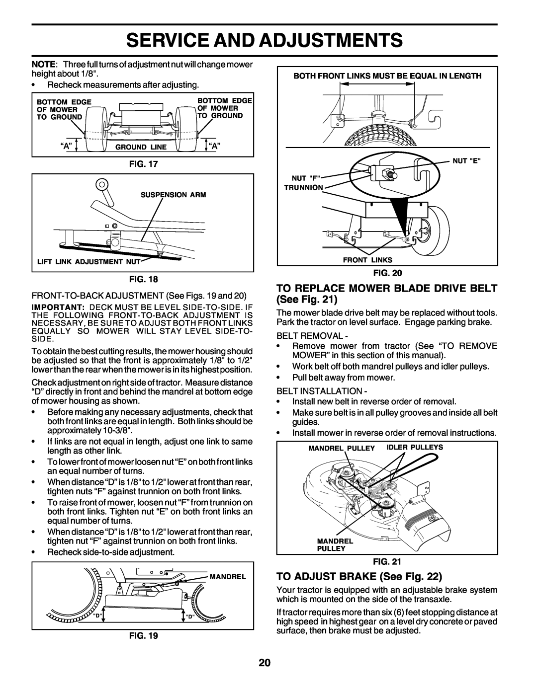 Weed Eater S165H42D Service And Adjustments, TO REPLACE MOWER BLADE DRIVE BELT See Fig, TO ADJUST BRAKE See Fig 