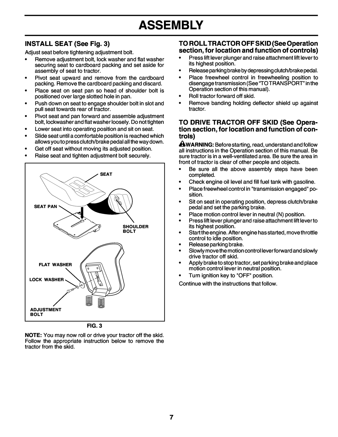 Weed Eater S165H42D owner manual Assembly, INSTALL SEAT See Fig 