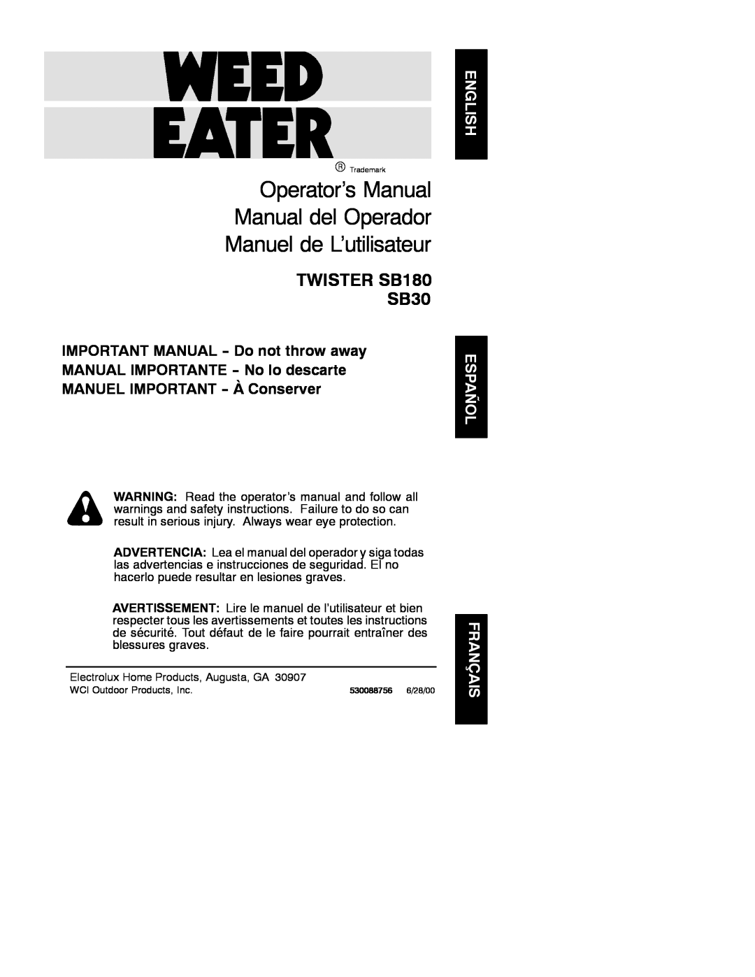 Weed Eater 530088756 manual Operator’s Manual Manual del Operador, Manuel de L’utilisateur, TWISTER SB180 SB30 