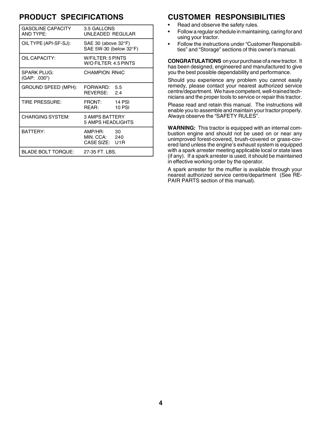 Weed Eater SGT18H46A, 177599 manual Product Specifications, Customer Responsibilities 