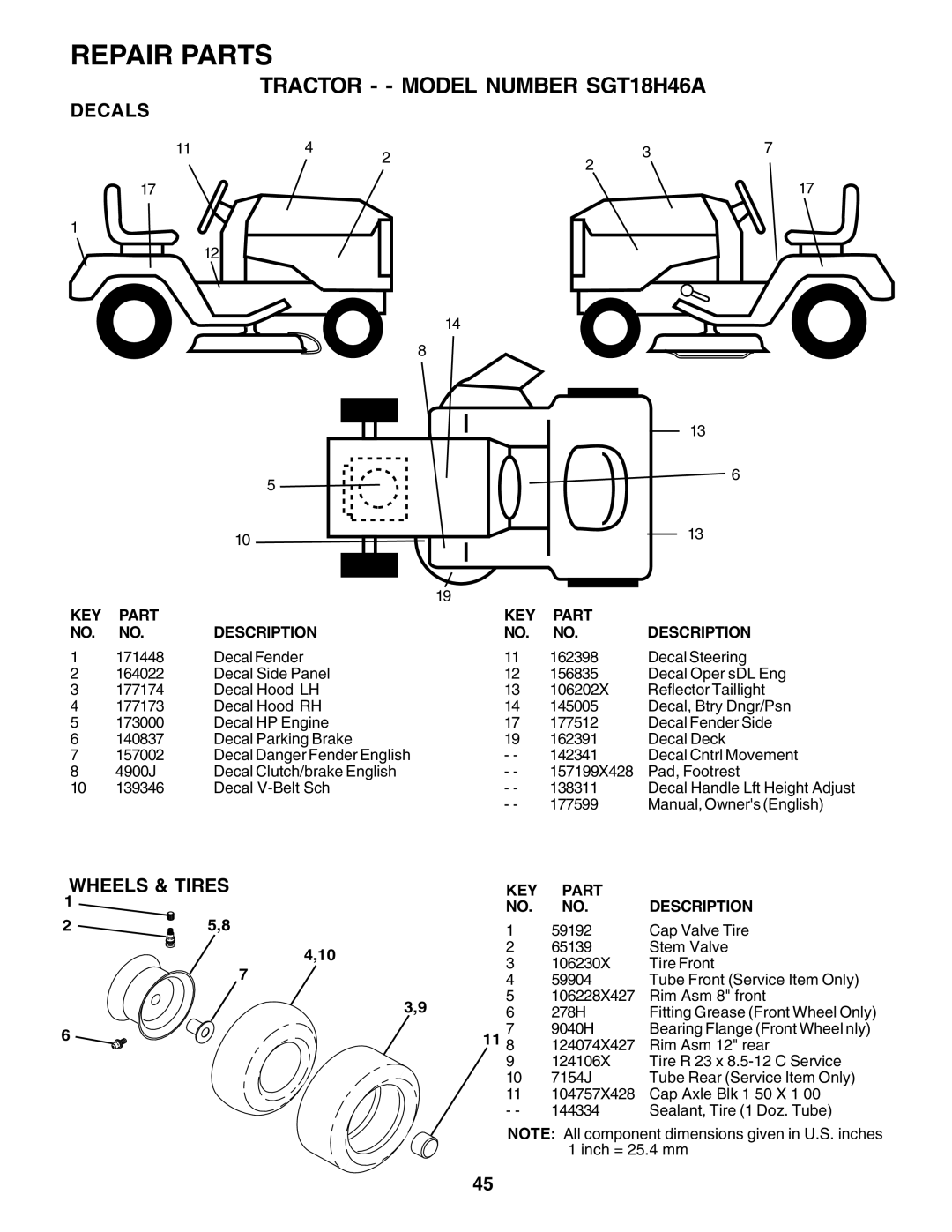 Weed Eater 177599, SGT18H46A manual Decals, Wheels & Tires 