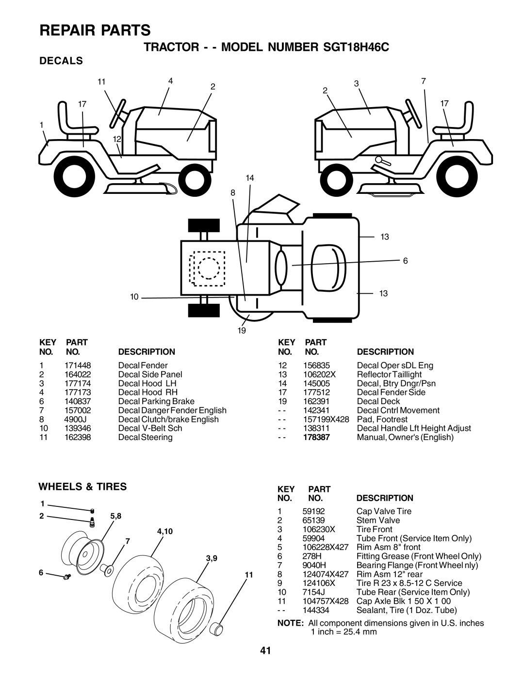 Weed Eater SGT18H46C manual Decals, Wheels & Tires, 178387 