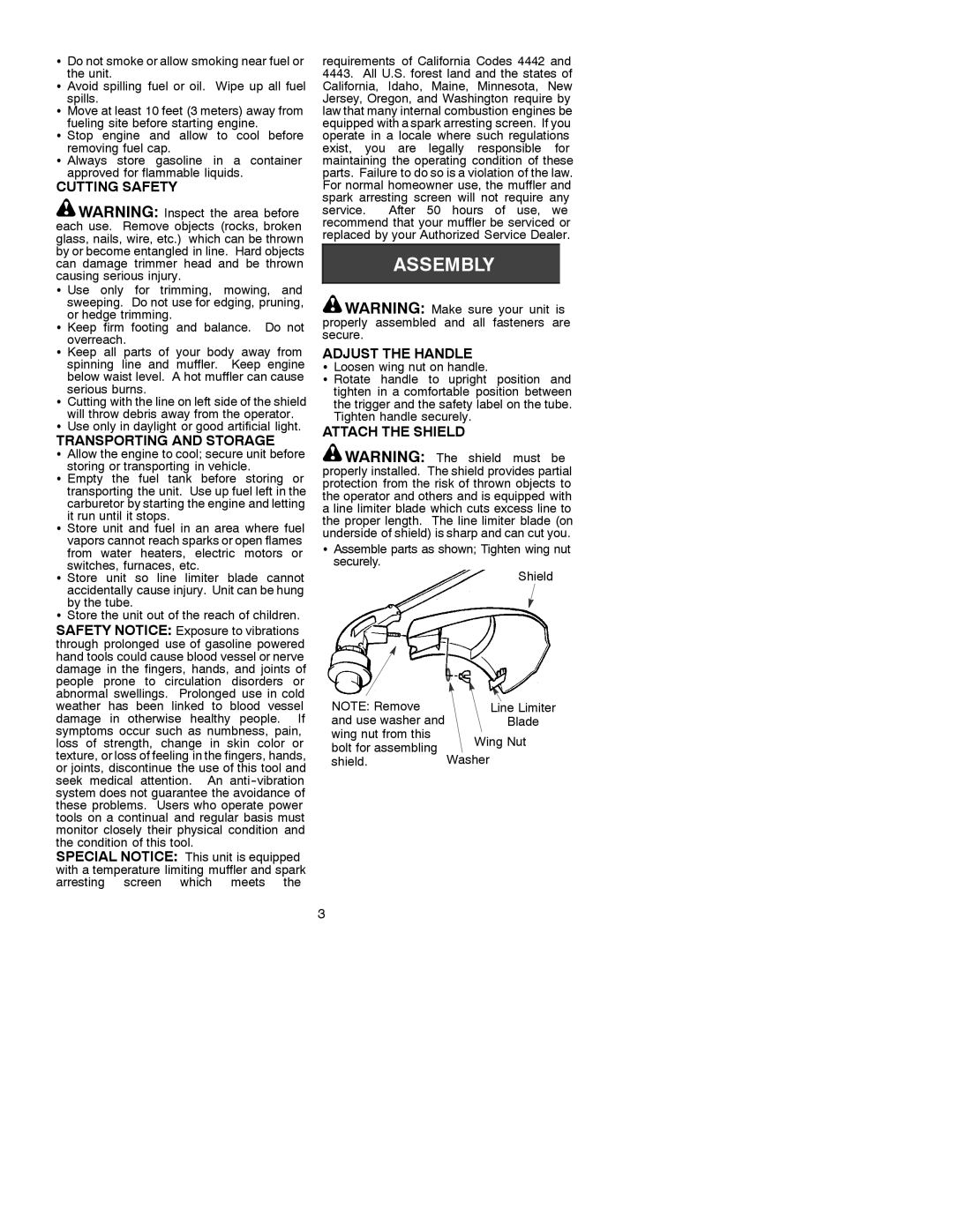 Weed Eater 530088954, SST LE manual Cutting Safety, Transporting and Storage, Adjust the Handle, Attach the Shield 