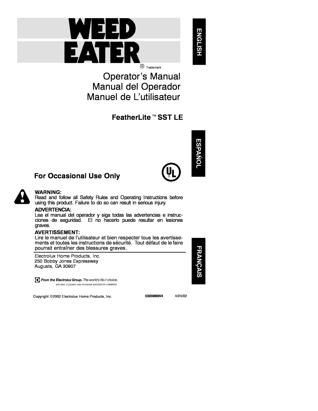 Weed Eater 530088954 manual Operator’s Manual Manual del Operador Manuel de L’utilisateur, Advertencia, Avertissement 
