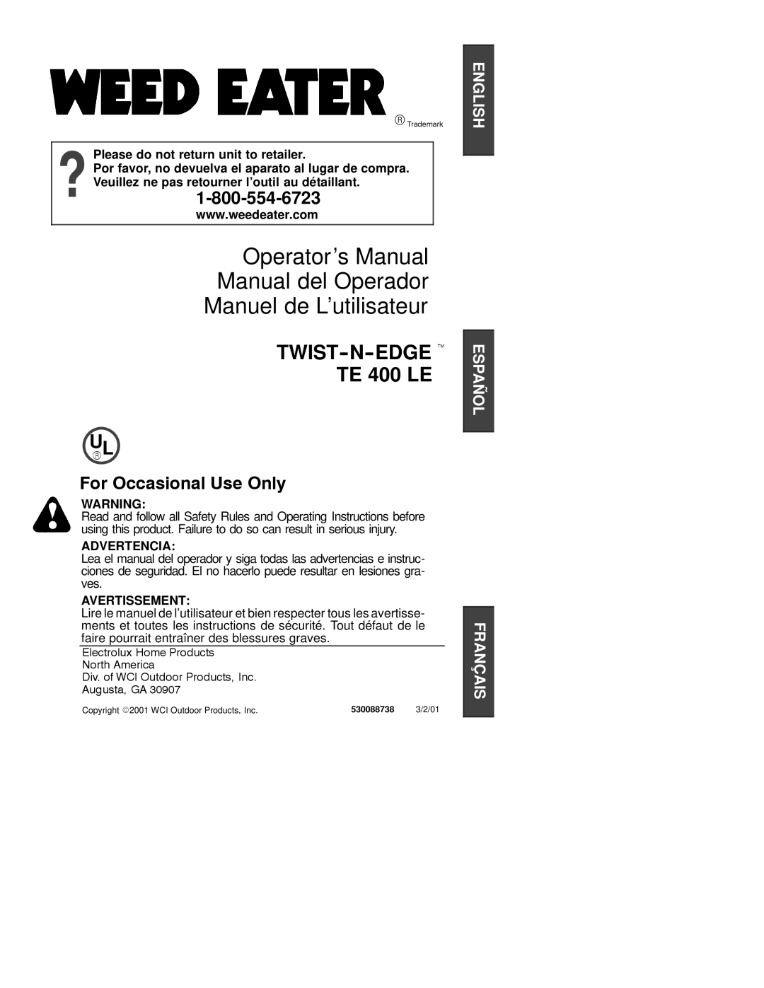 Weed Eater 530088738 operating instructions TWIST-N-EDGE t TE 400 LE 