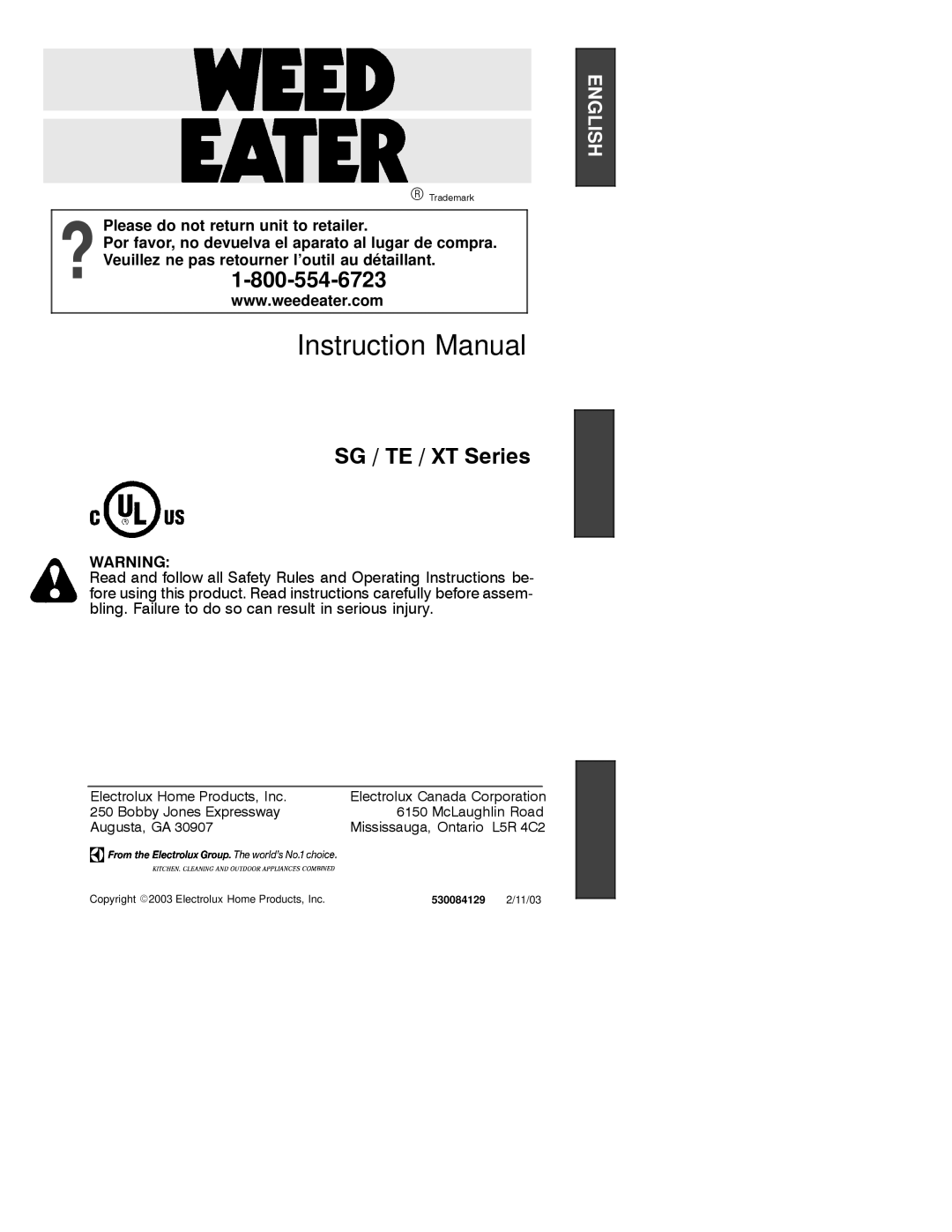 Weed Eater TE35, TE12, 530084129 instruction manual SG / TE / XT Series 