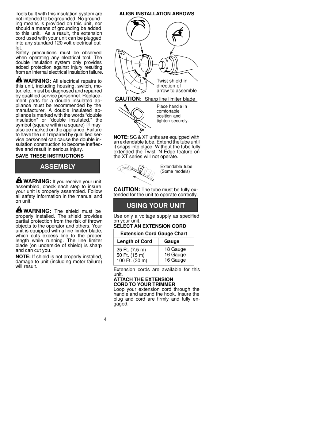 Weed Eater TE35, TE12 Align Installation Arrows, Select AN Extension Cord, Extension Cord Gauge Chart Length of Cord 