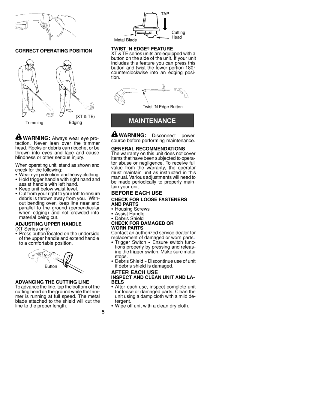 Weed Eater 530084129, TE12, TE35 Correct Operating Position, Adjusting Upper Handle, Advancing the Cutting Line 