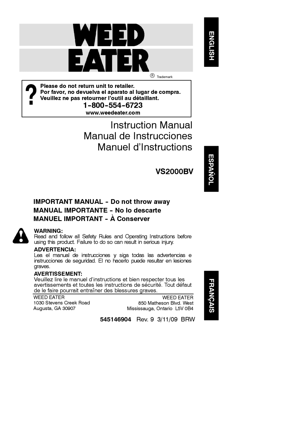 Weed Eater 545146904, VS2000BV instruction manual Manual de Instrucciones Manuel d’Instructions 