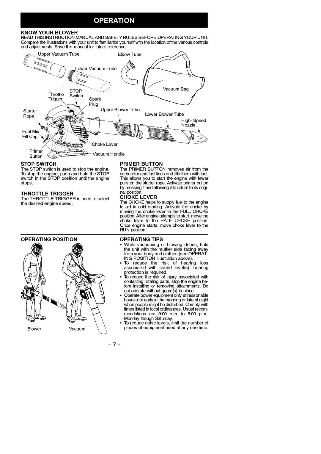 Weed Eater 545146904, VS2000BV instruction manual Operation 