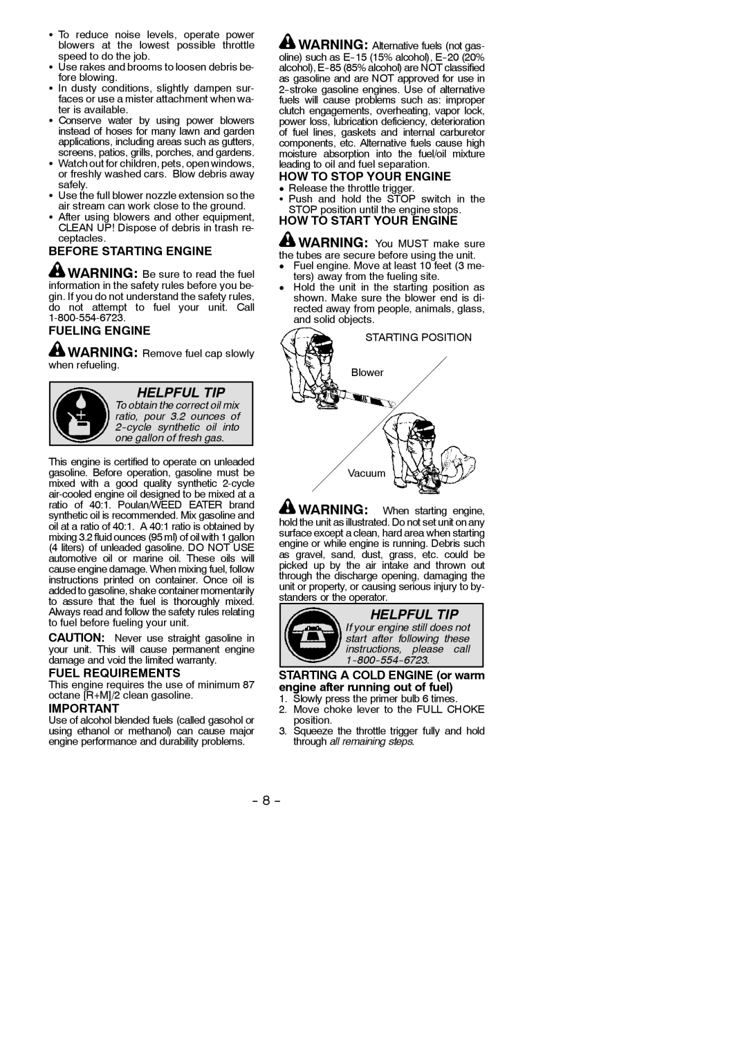 Weed Eater VS2000BV, 545146904 Before Starting Engine Fueling Engine, Fuel Requirements, HOW to Stop Your Engine 