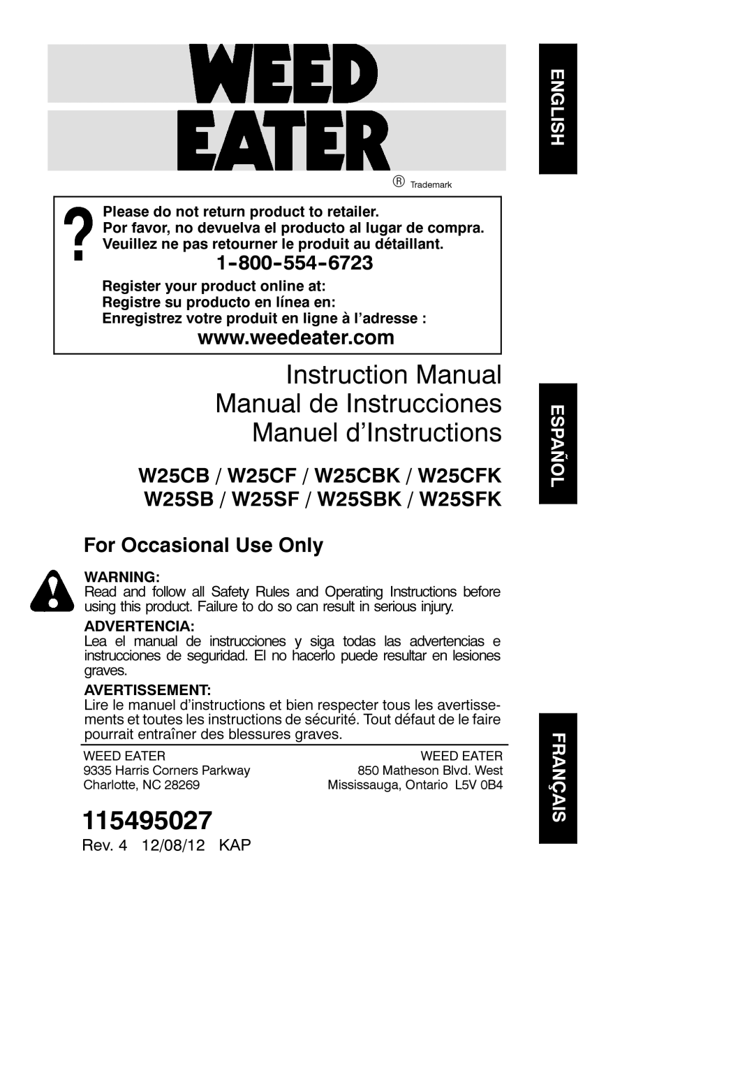 Weed Eater W25CB manual English Español Français, Advertencia, Avertissement, Weed Eater 