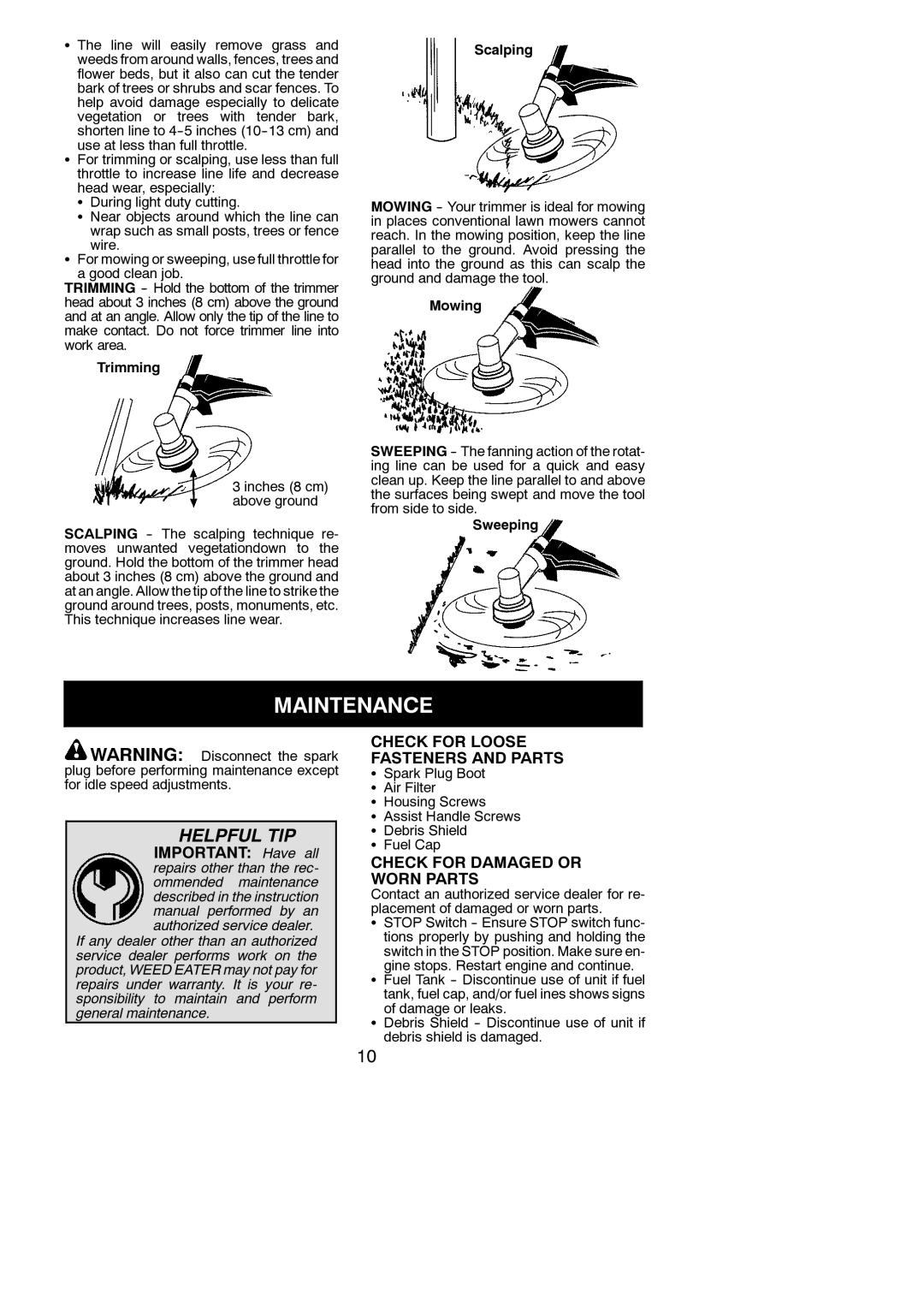 Weed Eater W25CB manual Maintenance, Check for Loose Fasteners and Parts, Check for Damaged or Worn Parts 