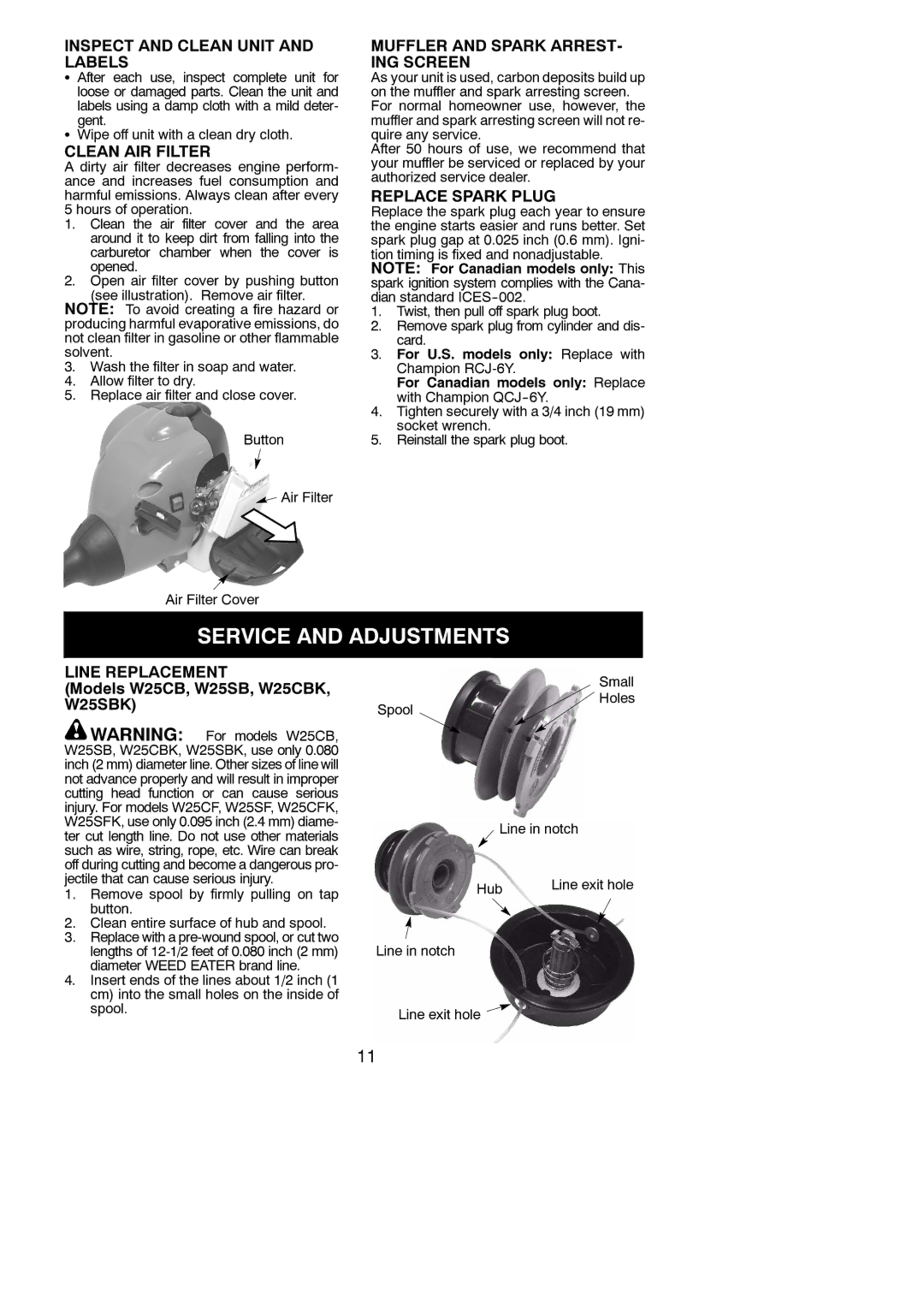 Weed Eater W25CB manual Service and Adjustments 