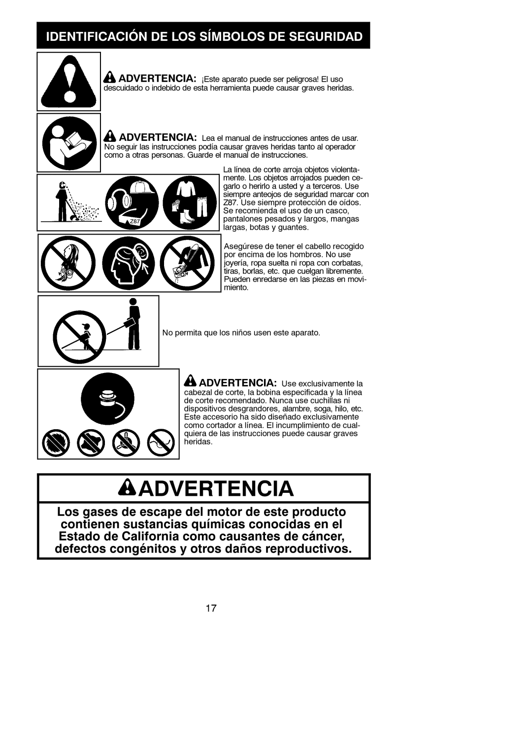 Weed Eater W25CB manual Advertencia, Identificación DE LOS Símbolos DE Seguridad 