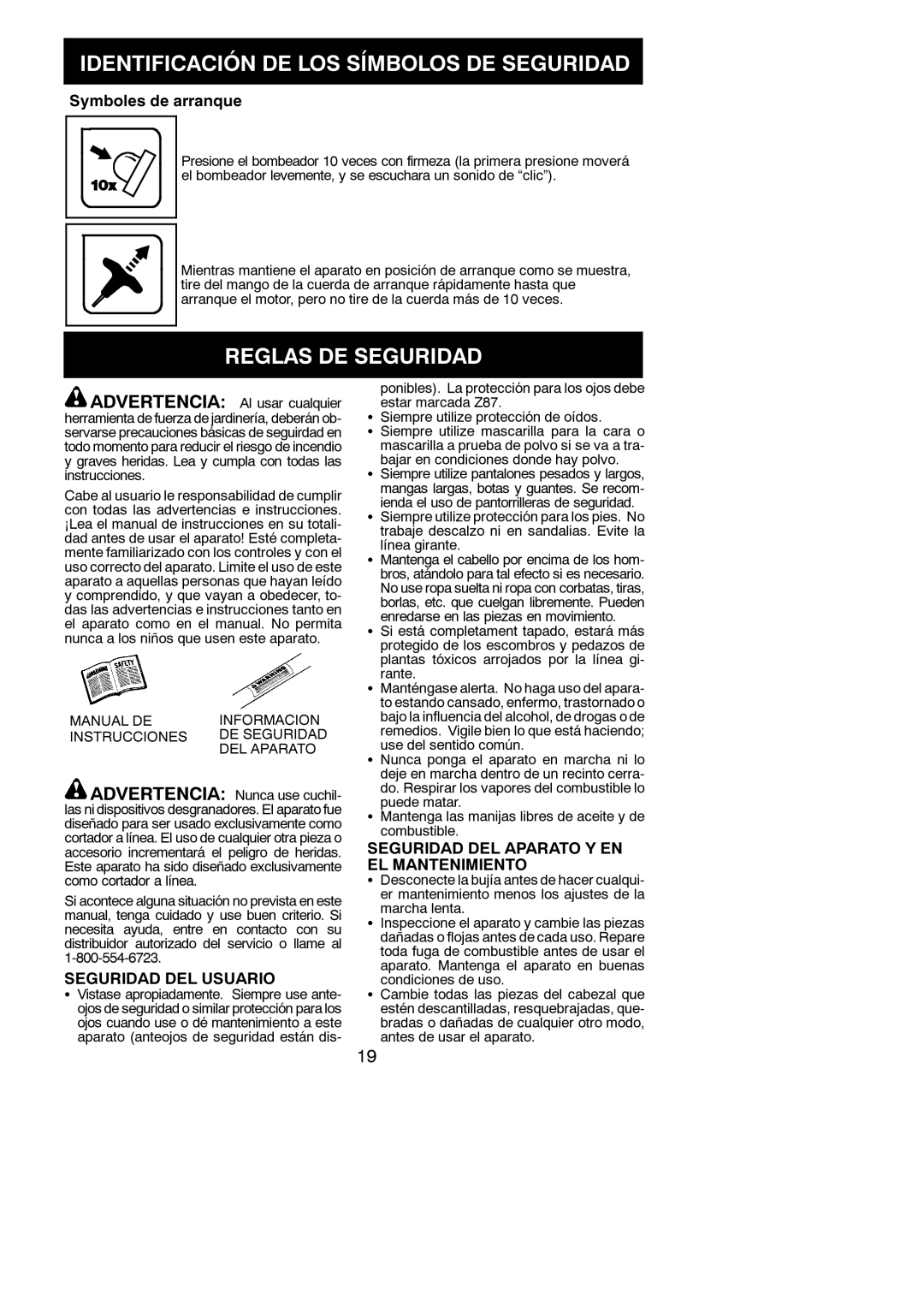 Weed Eater W25CB manual Reglas DE Seguridad, Symboles de arranque, Seguridad DEL Usuario 