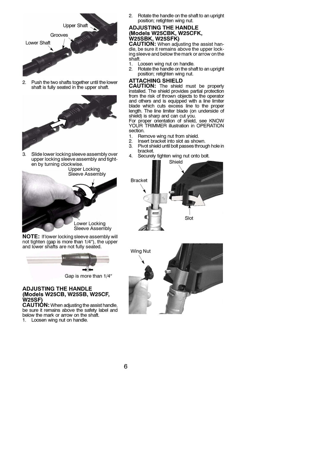 Weed Eater manual Adjusting the Handle Models W25CB, W25SB, W25CF, W25SF, Attaching Shield 