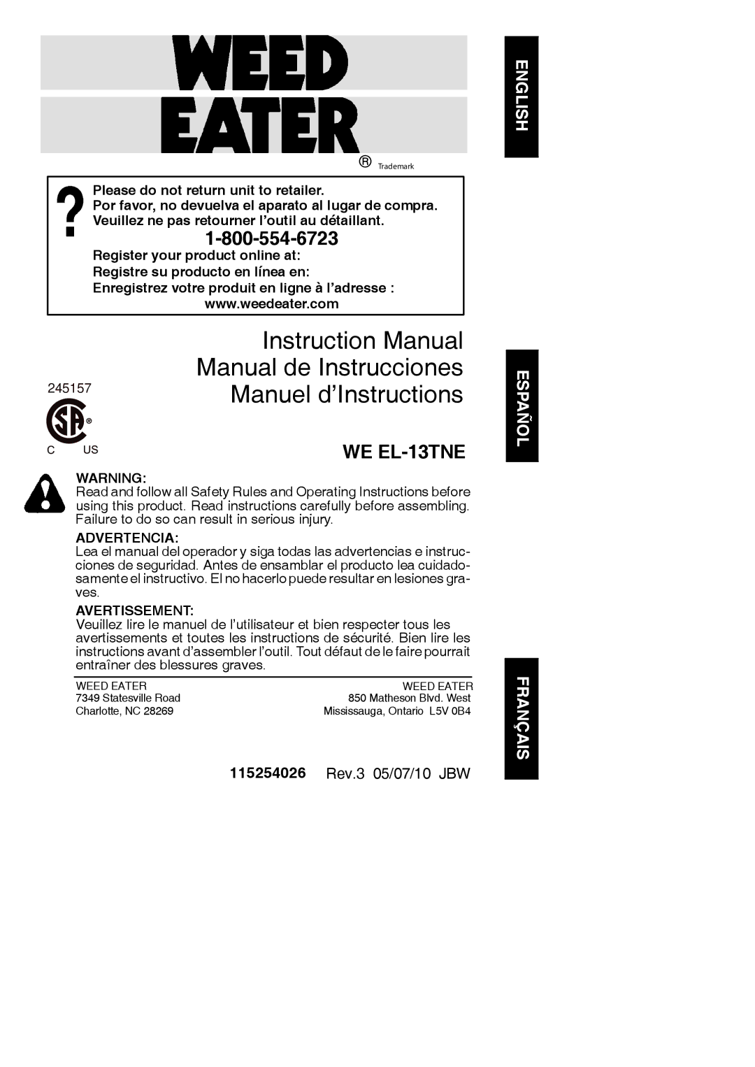 Weed Eater 966047901, WE EL-13TNE, 115254026 instruction manual English Español Français, Advertencia, Avertissement 