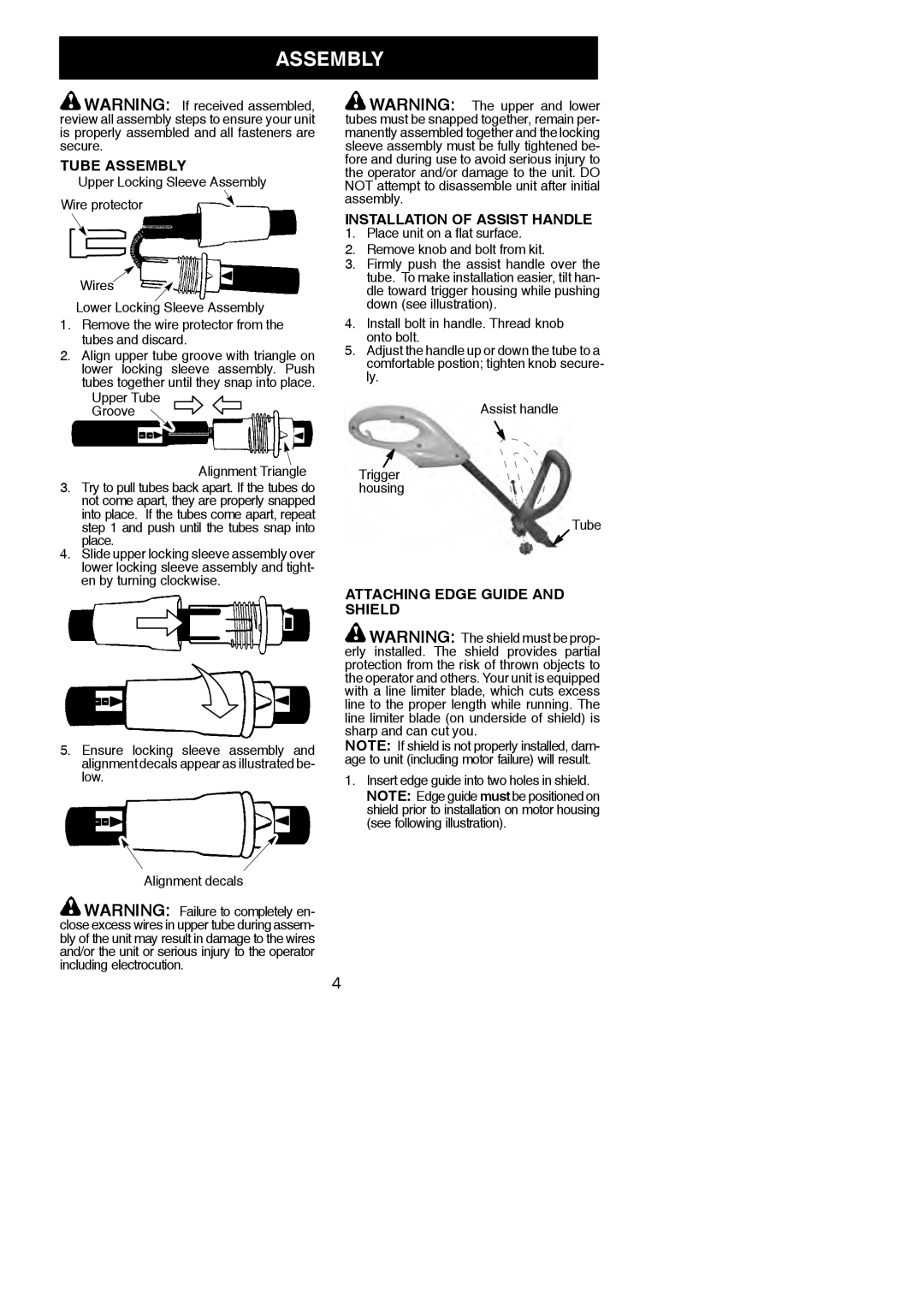 Weed Eater 966047901, 115254026 Tube Assembly, Installation of Assist Handle, Attaching Edge Guide and Shield, Groove 