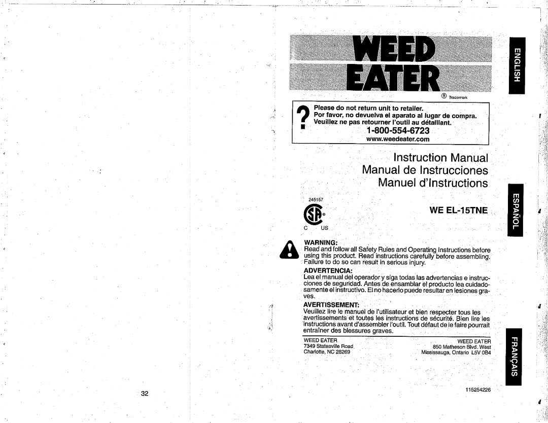 Weed Eater 966048001, WE EL-15TNE, 115254225 manual 