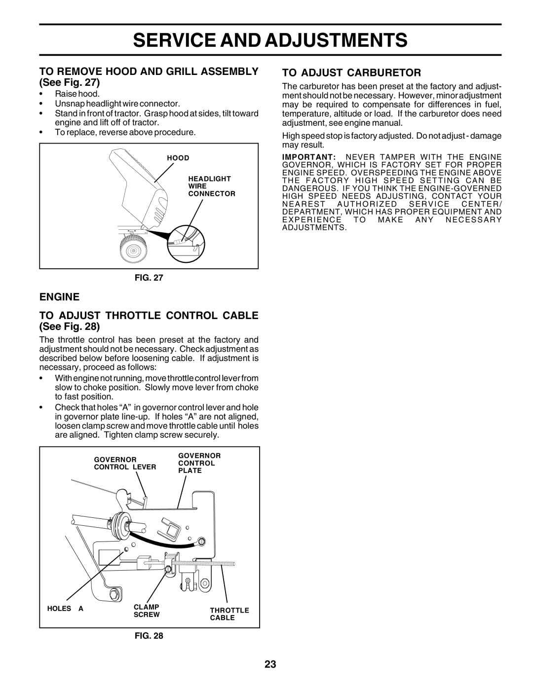 Weed Eater WE12538H owner manual To Remove Hood and Grill Assembly See Fig, To Adjust Carburetor, Engine 