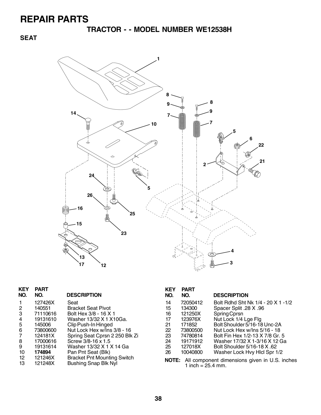 Weed Eater WE12538H owner manual Seat, 174894 