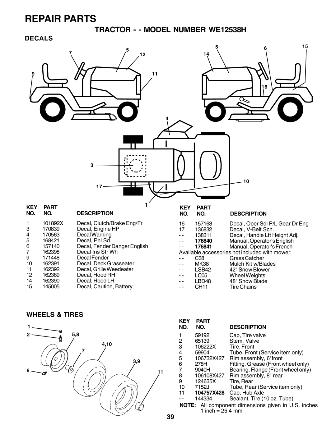 Weed Eater WE12538H owner manual Decals, Wheels & Tires, 176840, 176841, 104757X428 