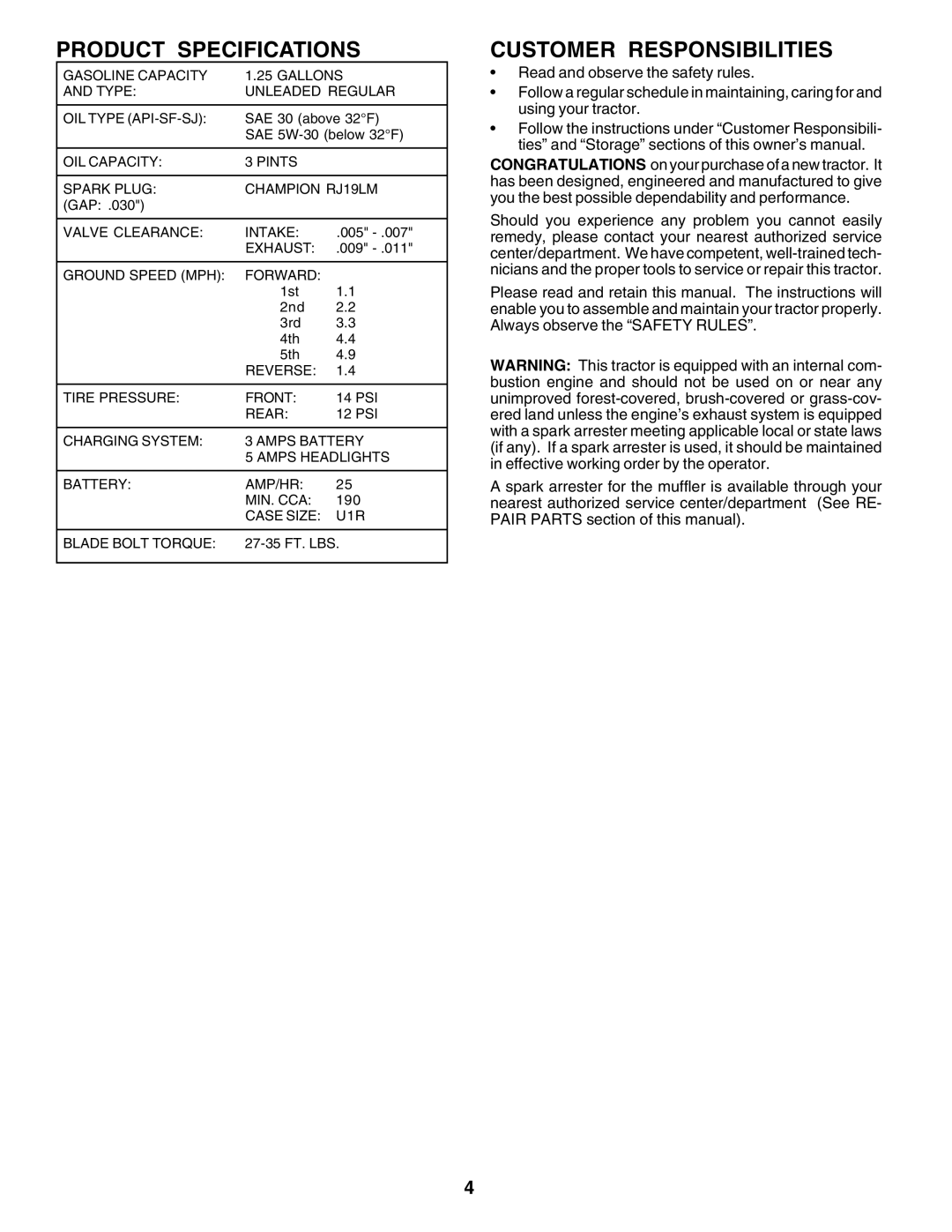 Weed Eater WE12538H owner manual Product Specifications, Customer Responsibilities 