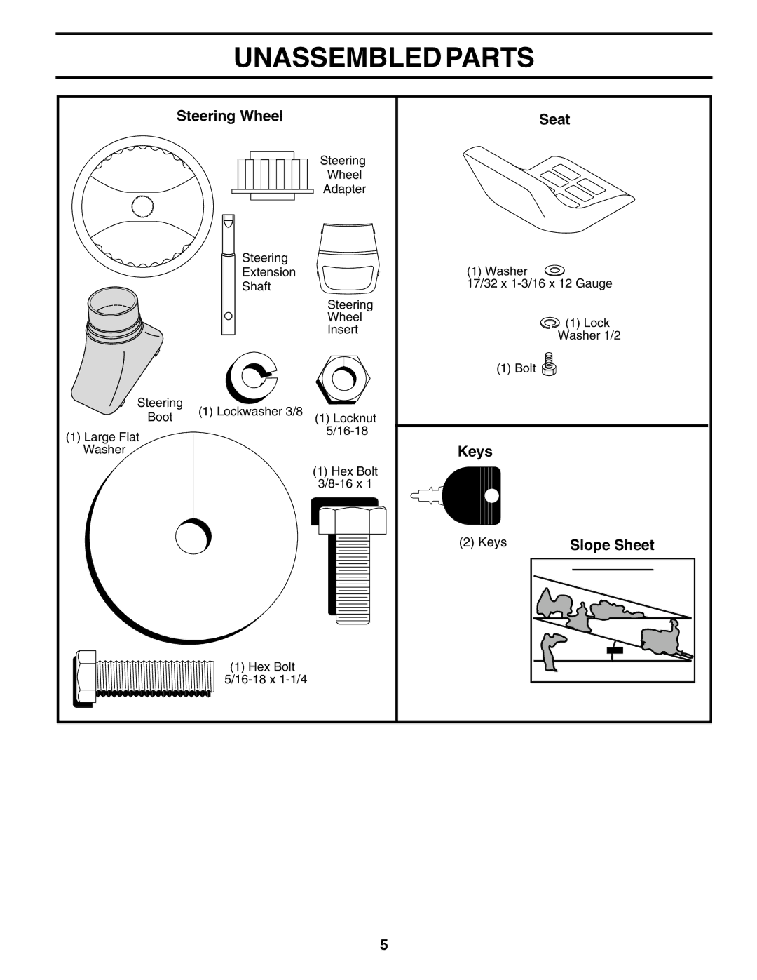 Weed Eater WE12538H owner manual Unassembled Parts, Steering Wheel Seat, Keys 