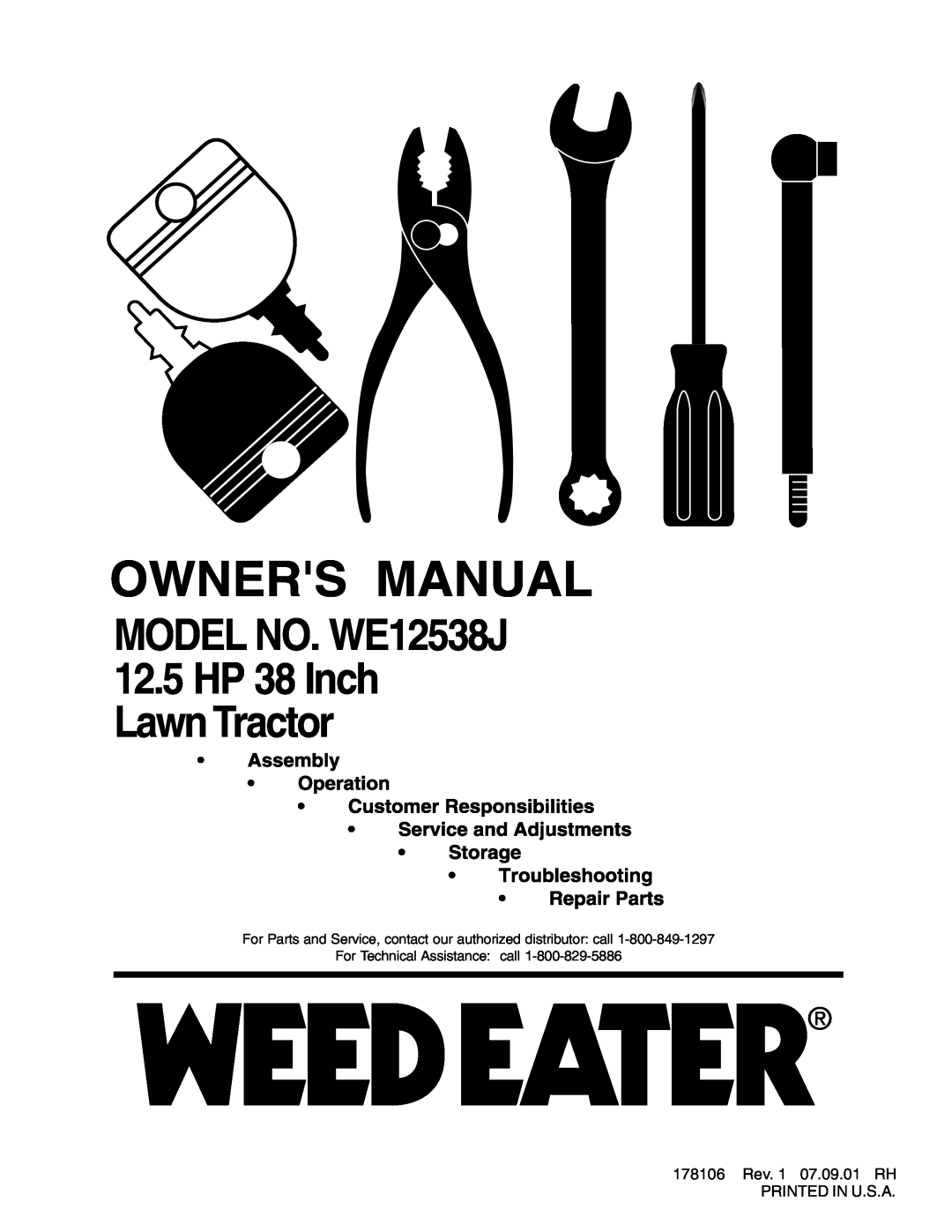 Weed Eater manual MODEL NO. WE12538J 12.5HP 38 Inch LawnTractor 