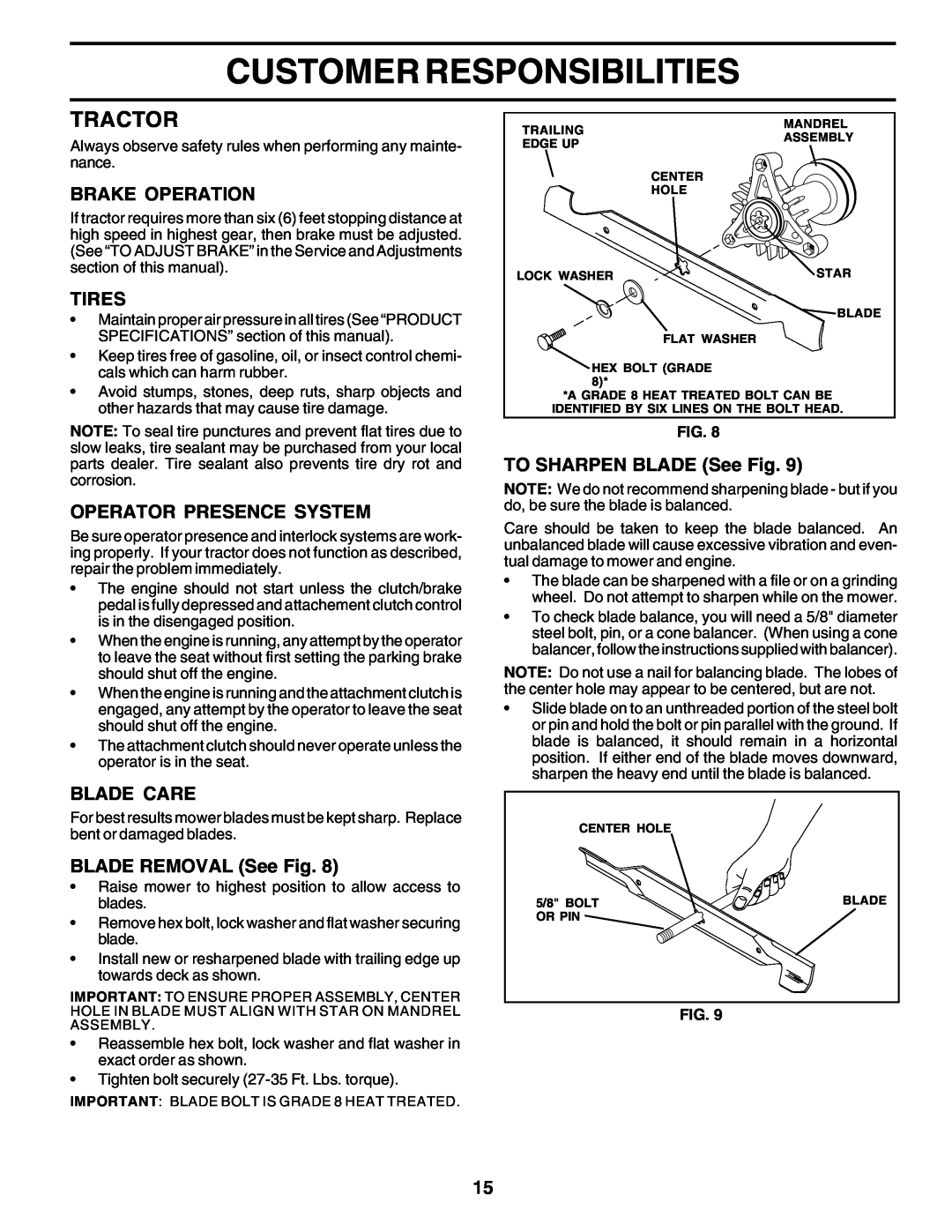 Weed Eater WE12538J manual Tractor, Customer Responsibilities, Brake Operation, Tires, Operator Presence System, Blade Care 