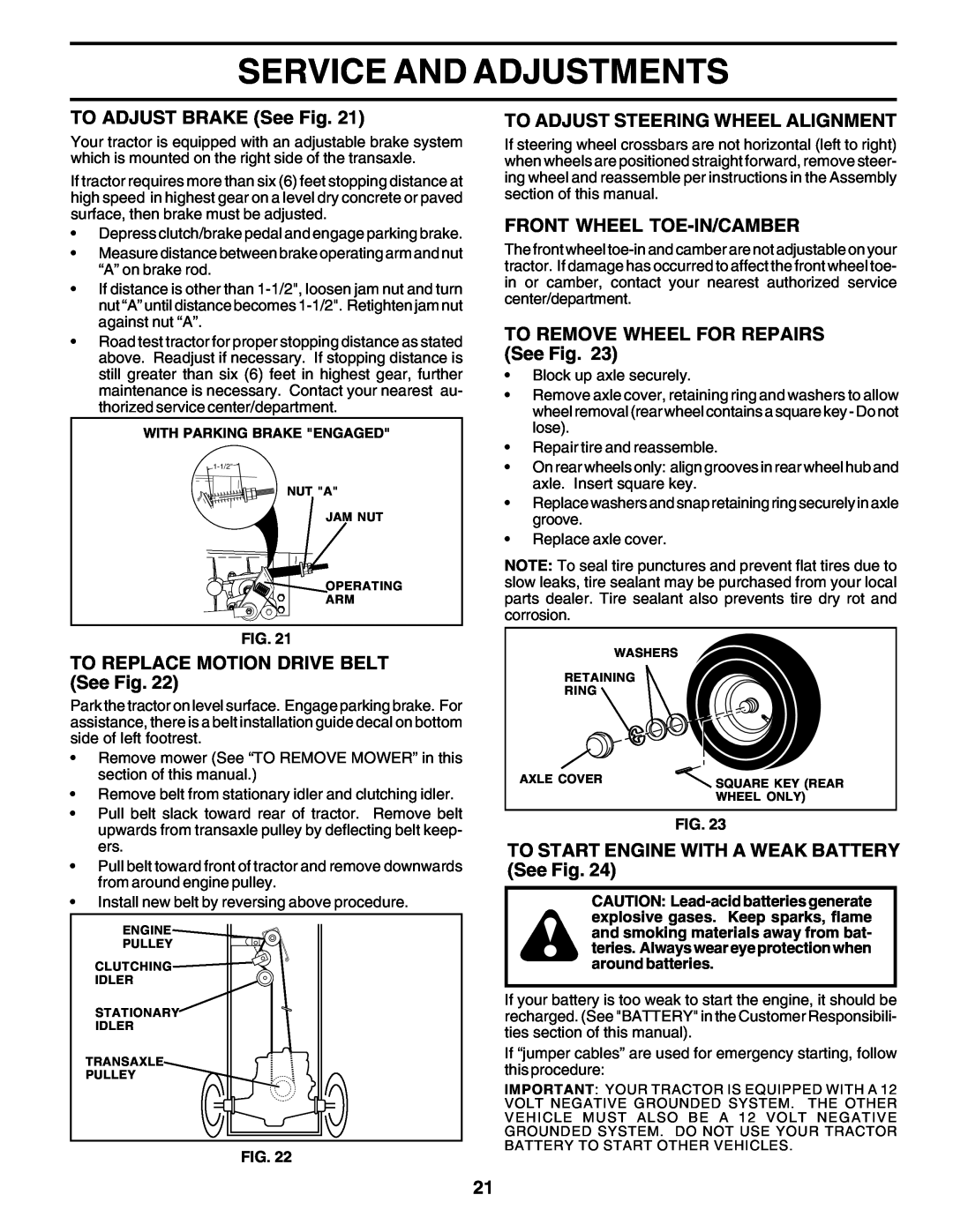 Weed Eater WE12538J manual Service And Adjustments, TO ADJUST BRAKE See Fig, TO REPLACE MOTION DRIVE BELT See Fig 