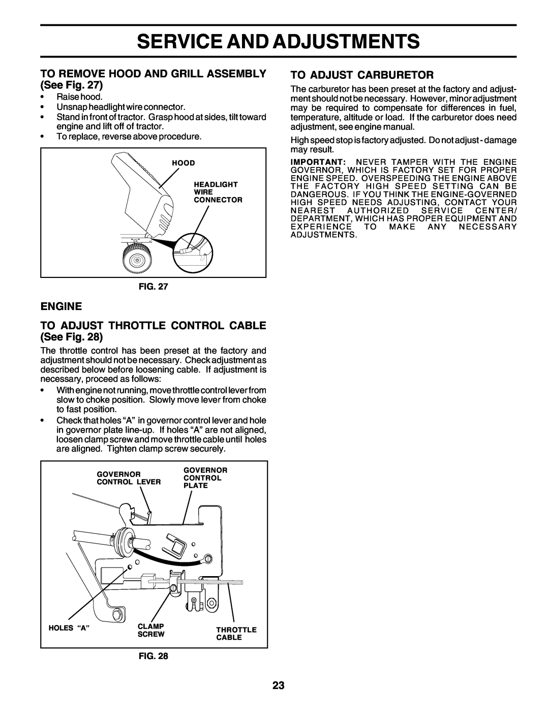 Weed Eater WE12538J manual Service And Adjustments, TO REMOVE HOOD AND GRILL ASSEMBLY See Fig, To Adjust Carburetor 