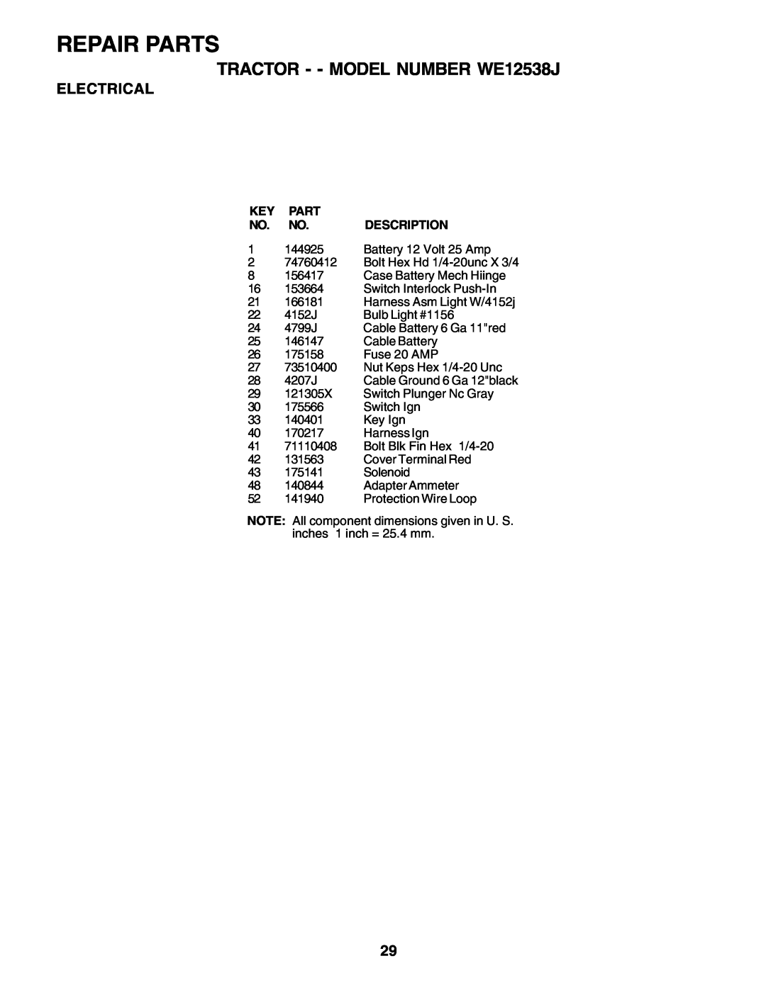 Weed Eater manual Repair Parts, TRACTOR - - MODEL NUMBER WE12538J, Electrical, Key Part No. No. Description 