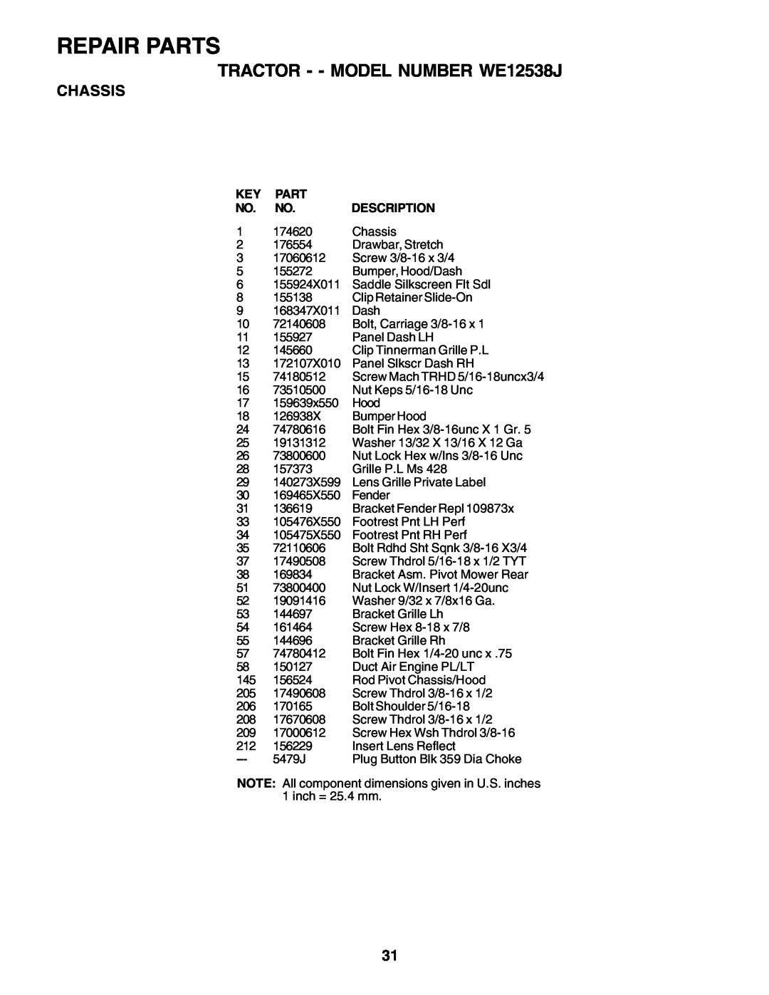 Weed Eater manual Repair Parts, TRACTOR - - MODEL NUMBER WE12538J, Chassis, Description 