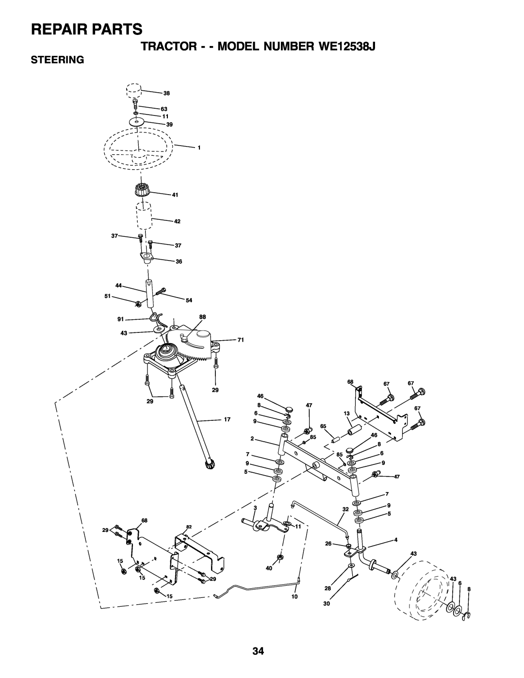 Weed Eater manual Repair Parts, TRACTOR - - MODEL NUMBER WE12538J, Steering, 38 63, 42 37 37 36, 11 26 28 