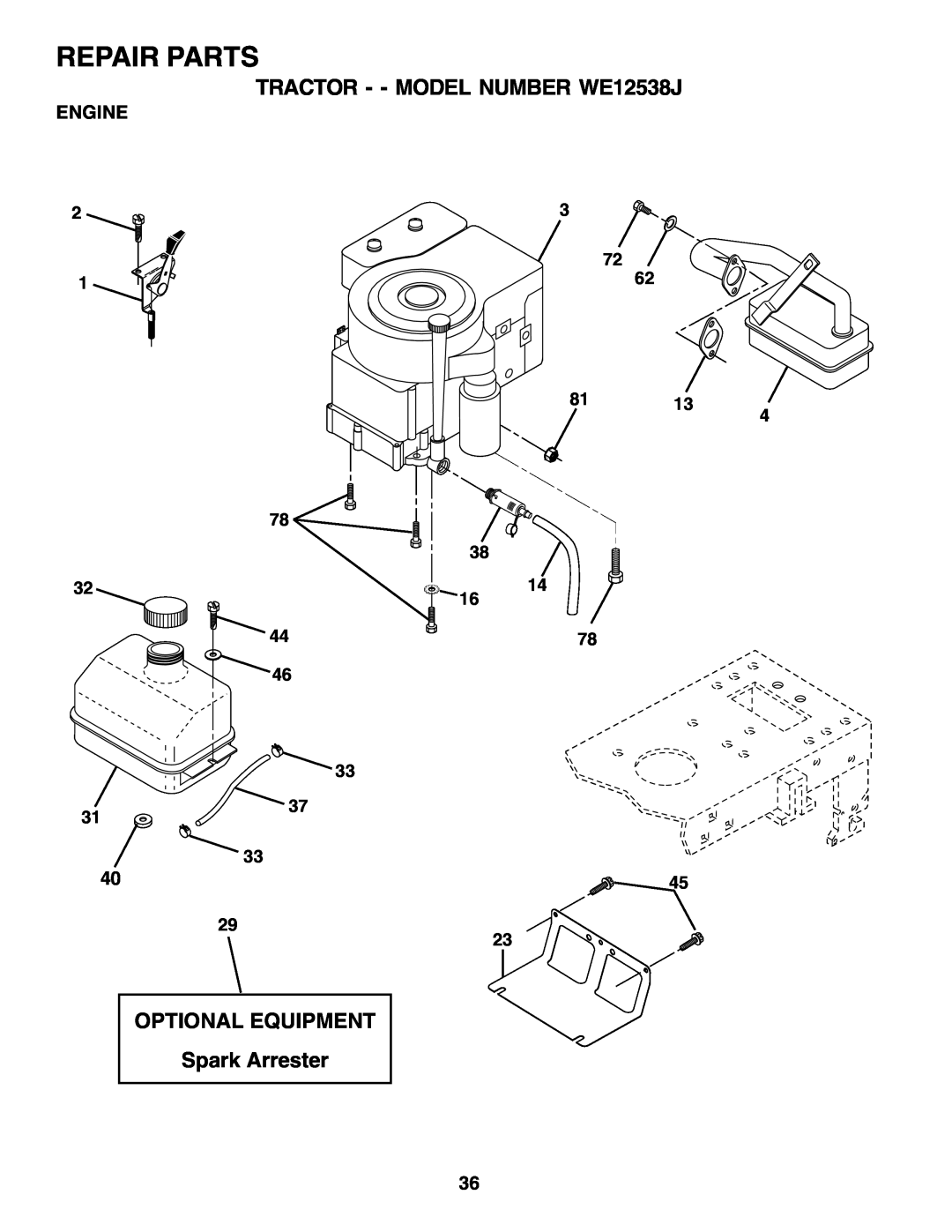 Weed Eater manual Repair Parts, TRACTOR - - MODEL NUMBER WE12538J, OPTIONAL EQUIPMENT Spark Arrester, Engine, 8113 