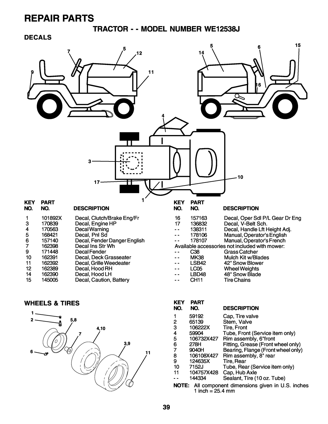 Weed Eater manual Repair Parts, TRACTOR - - MODEL NUMBER WE12538J, Decals, Wheels & Tires 