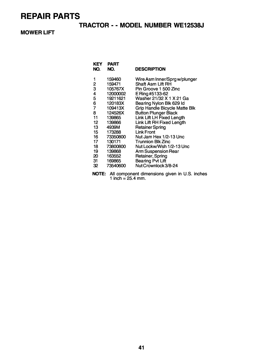 Weed Eater manual Repair Parts, TRACTOR - - MODEL NUMBER WE12538J, Mower Lift, Description, 159460 