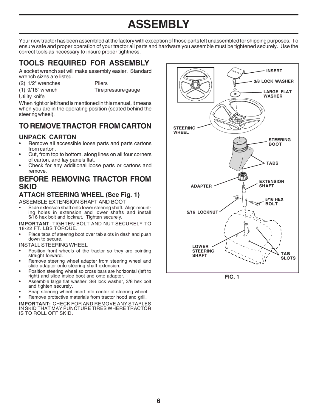 Weed Eater WE12538K Tools Required for Assembly, To Remove Tractor from Carton, Before Removing Tractor from Skid 