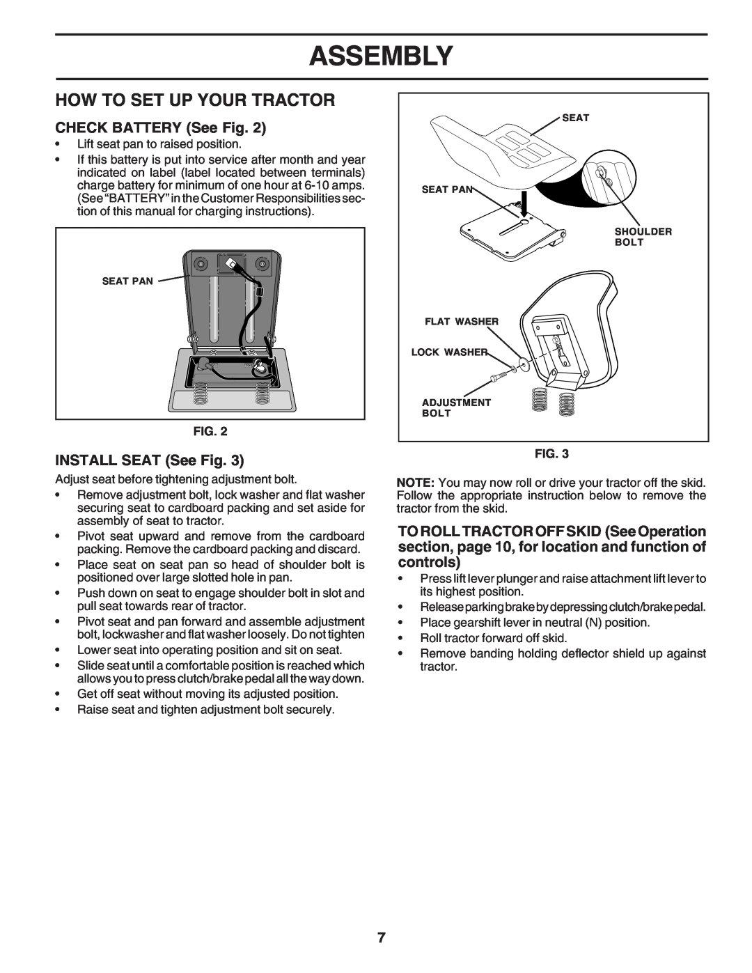 Weed Eater WE12538K manual How To Set Up Your Tractor, CHECK BATTERY See Fig, INSTALL SEAT See Fig, Assembly 