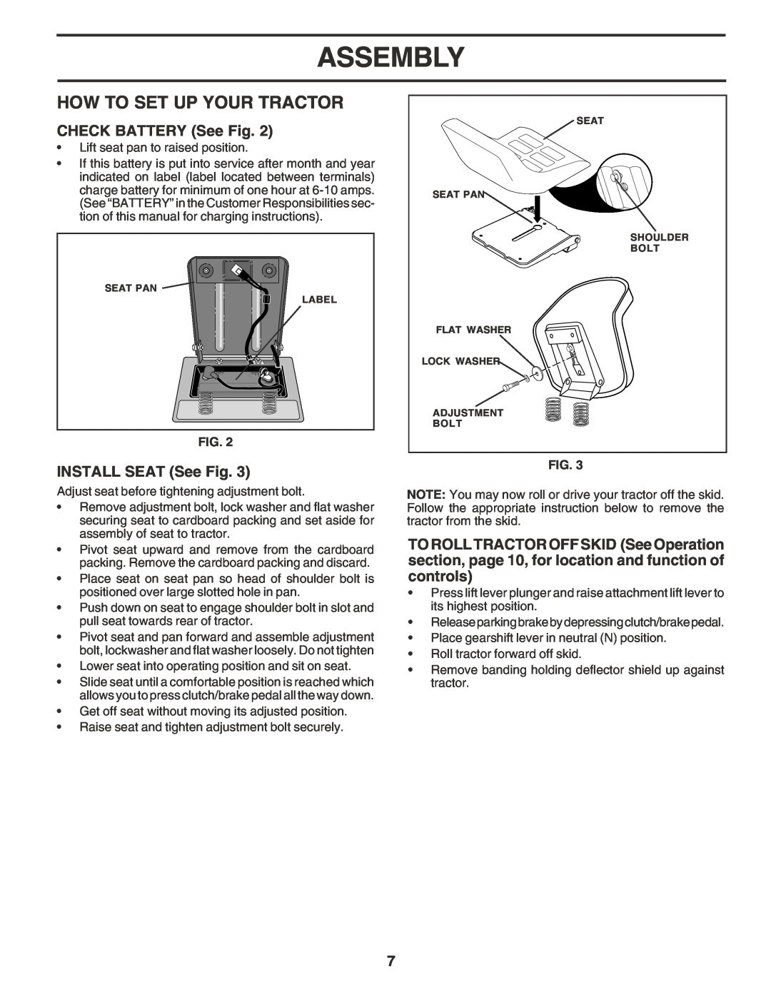 Weed Eater WE12538L manual How To Set Up Your Tractor, CHECK BATTERY See Fig, INSTALL SEAT See Fig, Assembly 